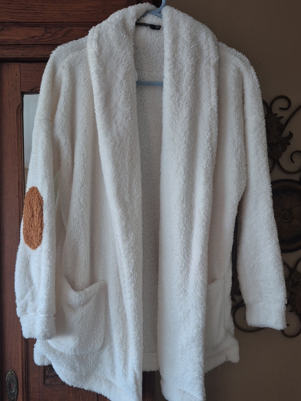 Doe & Rae Cream Sherpa Open-Front Jacket with Tan Elbow Patch